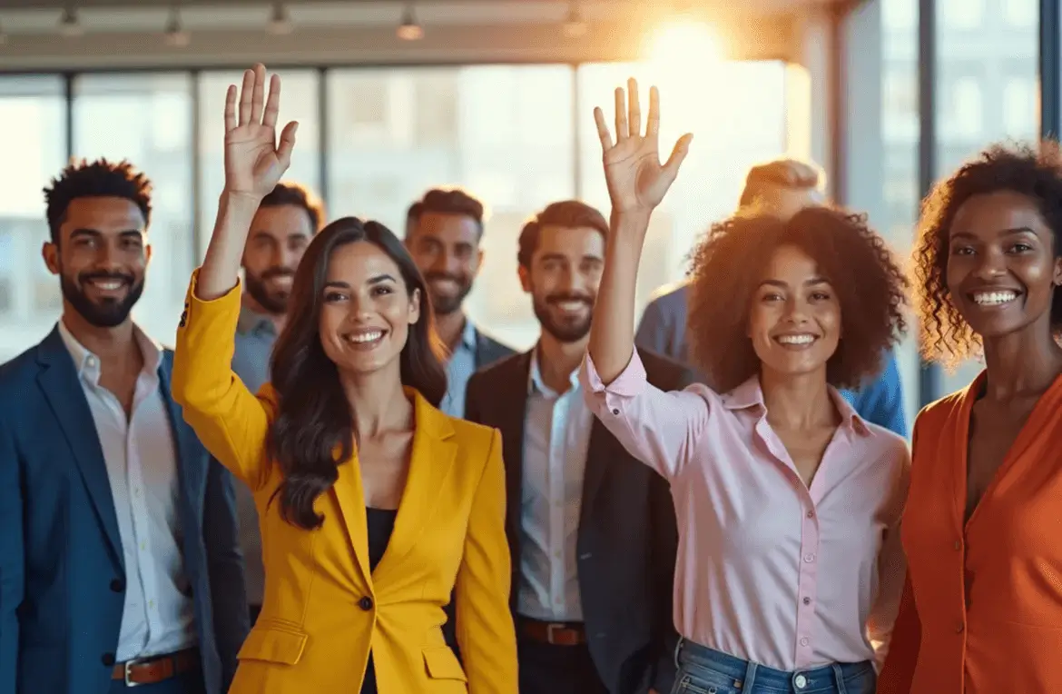Leadership Effectiveness Team with Raised Hands
